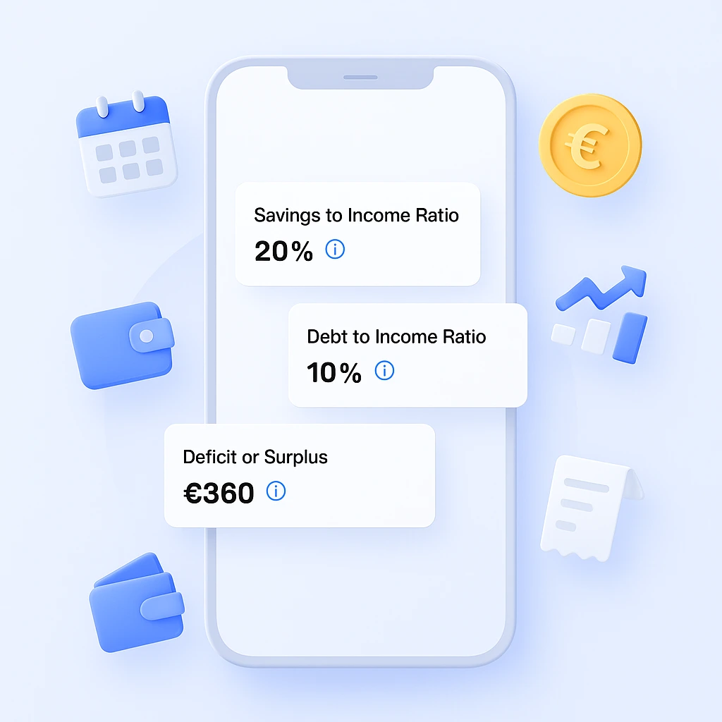 Personal Finance Tool Dashboard Statistics Cards showing debt-to-income ratio, savings rate, and budget surplus